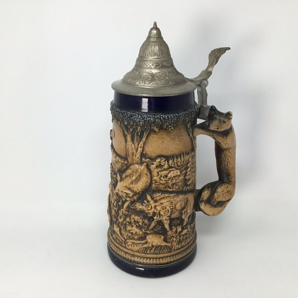 Antique German Beer Stein~Lidded~Animal Relief~ - Picture 1 of 8